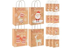GWHOLE Sac Cadeau Noel Emballage Cadeau Noel Pochette Cadeau en Papier Kraft avec Poignée pour Cadeaux Nourriture Rangement Brun Blanc Rouge