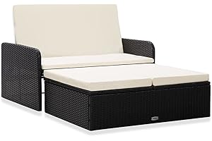 Yolola Gartensofa 2-Sitzer mit Stauraum Rattan Balkonsofa Rattansofa Gartensofa mit Liegefunktion Couch Terrasse Gartenbank Balkon Couch Balkon Lounge Klein Sofa Set - Sessel mit Hocker Schwarz