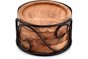 EDHAS Acacia Wood Coaster Set of 4 With Iron Holder for Tea, Drinks, Mugs, Cans, Glasses for Any Table Type