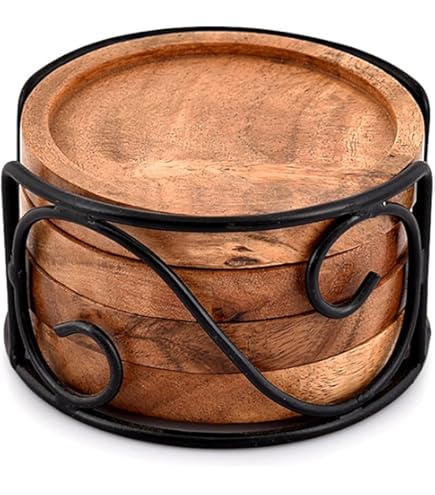 Kssvzz 6 Pack Acacia Wood Coasters With Holder, Wooden Coasters