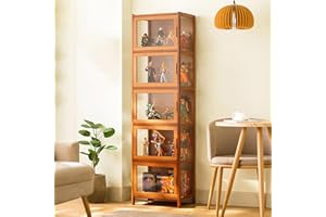 LSZMXI Display Case with Acrylic Cabinet Door 6 Tiers Flip Door Display Cabinet Curio Cabinet Glass Display Shelf Bamboo Storage Cabinet or Figures, Curio, Collection Display, Easy to Install 1-5 Brown