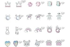jagosen 12 Paar Ohrringe Mädchen Sterling Silber Ohrringe Set für Damen Kinder Hypoallergene Cz Bunt Katzen Pferde Ohrringe Regenbogen Ohrstecker für Teenager MäDchen Kleinkind