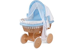 WALDIN BABY COLLECTION WALDIN Landau/Berceau bébé Complet, 24 modèles Disponibles, Cadre/Roues laqué en Marron, Couleur du Tissu Bleu/Points