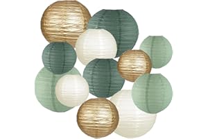 CC WONDERLAND ZONE 12pcs Sage Green Gold Paper Lanterns,Hanging Paper Lanterns for Bridal Enchanted Forest Shower Rustic Neutral Boho Birthday Wedding Home Decor Party Decoration