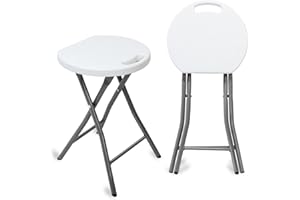 Todeco Sgabello Pieghevole Set da 2 con Manico in Plastica Metallo Sgabello da soggiorno, Sgabello Pieghevole all'aperto per Giardino, Campeggio, Pesca, Carico Massimo: 200 kg, 33x29x46 cm, Bianco