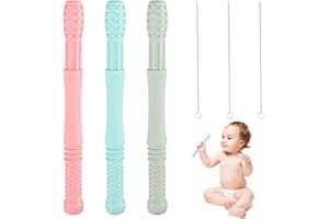 RUNEAY Anneaux de Dentition pour Bébé,3 PCS Jouets de Dentition en Silicone,Tubes de Dentition Creux,Jouet de Dentition pour Bébé Pailles avec 3 Brosses Nettoyage