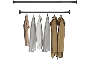 GENERIC Adjustable Wardrobe Rail Extendable Clothing Rail with Rubber Pads(90cm to 160cm), Heavy Duty Anti-rust Carbon Steel Tension Rod for Hanging Clothes Curtains, Telescopic Clothes Rail Tube Pole, Black