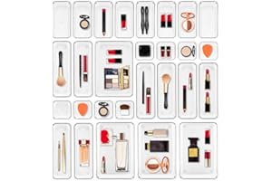 Ravinte 28 sztuk pojemników do przechowywania szuflad, 4 rozmiary, przezroczyste pojemniki do przechowywania z antypoślizgowymi podkładkami, uniwersalna półka na biurko do makijażu, biżuterii, kuchni,