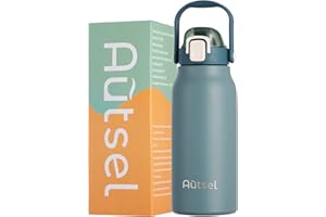 Autsel Bouteille Isotherme 1.7L Gourde Inox Isotherme avec Paille Gourde Sport Étanche Gourde Musculation avec Poignée, pour Le Sport, La Randonnée, La Maison, en Plein Air