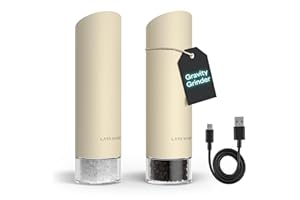 LARS NYSØM Molinillo de Sal y Pimienta Eléctrico Gravity - Juego de Molinillos Automáticos Recargables USB-C, Grosor Ajustable, Uso con una Mano para Cocina (Almond Beige)
