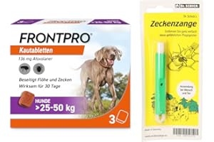 FRONTPRO Kautabletten für Hunde 25-50 kg 3-Monats-Packung zum Schutz gegen Zecken und Flöhe mit Zeckenzange: Schützt bis zu 3 Monate