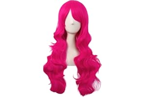 MapofBeauty 28 Zoll/70 cm Seitenscheitel Pony Charmante Frauen Lange Lockige Volle Haar Gewellt Perücke (Heiß Rosa)