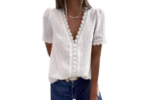 Coloody Femme Tee Shirt Dentelle Col en V, Manches Courtes Loisirs D'été Tunique en Jacquard en Dentelle Blouse Amples Caraco en Dentelle Tops Chemisiers à La Mode