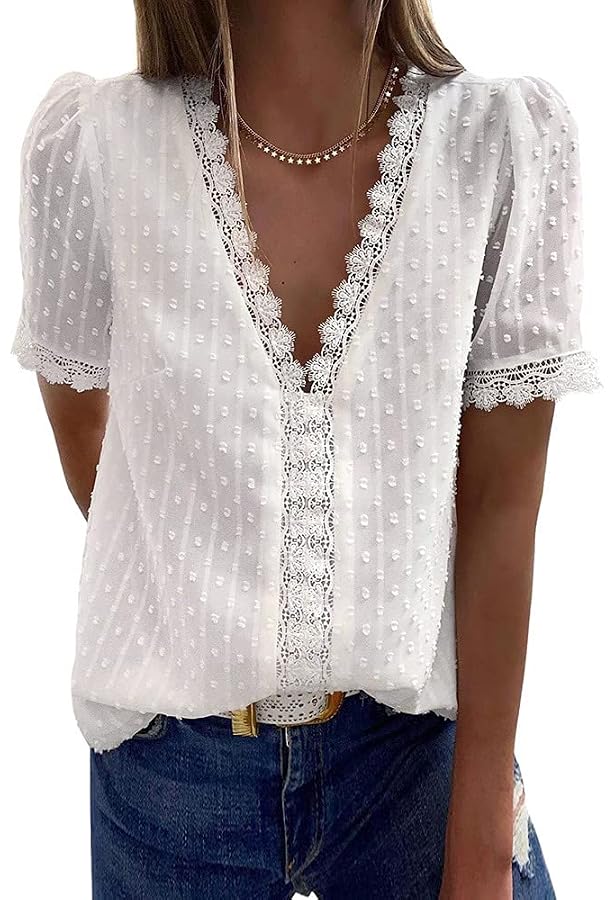 T-shirt Femme Col V Dentelle été - Coton Basique Loose, Tunique Bohème Décontractée