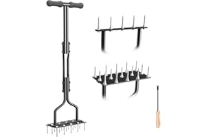 Lawn Aerator, EEIEER 2-in-1 Lawn Spike Aerator Manual Lawn Aerators with 15 Solid Spikes and Cleaning Garden Tool, Non-slip T-Handle Lawn Scarifier Grass Aerator Spiker Soil Aeration Tool