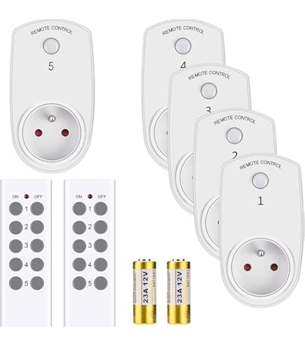 DEWENWILS Programmeerbaar stopcontact op afstand met 5 stopcontacten en 2 voorgekoppelde afstandsbedieningen, 10 A 2300 W, draadloze afstandsbediening met bereik van 30 m in open gebied, 5 stuks