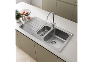 SÄUBER® 970 x 500mm Stainless Steel Kitchen Sink One and Half 1.5 Bowl Inset Drop in Installation, Left Hand Drainer 18/10 Grade Steel Sinks, Free Basket Strainer Waste