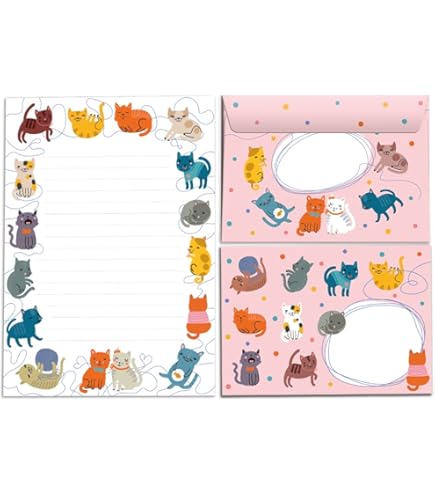 Katzen Briefpapier Set 36-teilig | Liniertes Papier Mit Umschlägen | Süße Katzendesigns | Für Einladungen & Briefe
