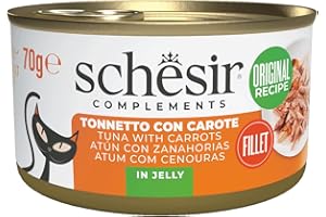 Schesir, Filetti di Tonno con Carote in Gelatina, Cibo Umido Complementare per Gatti, Ricetta Originale, 100% Naturale, 12 lattine da 70g