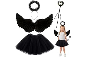 WFKKMEQ Alas de Ángel Disfraz, 4PCS Disfraces de Halloween Niña con Falda Tutú Halo Varita Mágica Angel Disfraces de Cosplay Vestido de Bruja para Halloween Carnaval Cumpleaños Fiesta