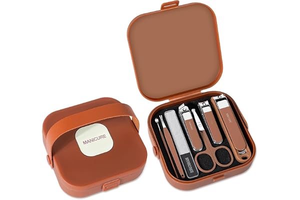 SHOPPOSTREET Nail Clippers Set 7 Pieces Stainless Steel Professional Grooming Kits, Fingernail and Toenail Clipper Cutters with Luxurious Travel Case Nail Care Tools Manicure Pedicure Kit (D-Brown)