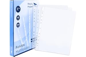 Raylu Paper® - Fundas multitaladro de polipropileno 100% reciclable, fundas para documentos de gran apertura, lomo reforzado. 100 unidades. (Transparente - Cristal, Folio - 60 micras)