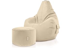 Green Bean© Set da 2: Poltrona a sacco + Sgabello - già riempiti - robusto lavabile antimacchia - bambini e adulti Cuscino per pavimento Lounge Relax Poltrona per gaming Pouf - Beige