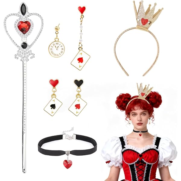 Set Costume Regina Di Cuori Per Ragazze – 6 Pezzi: Tutù, Corona, Bacchetta, Collana, Orecchini E Calzini, Rosso E Nero, Per Halloween E Carnevale