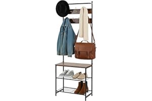 Taylor & Brown Coat Rack with Shoe Storage, Hall Tree, Coat Stand with Shoe Bench for Hallway, 7 Hooks, Top Bar, 32 x 65 x 180 cm, Bedroom, Industrial, Rustic Brown and Black