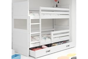 ‎INTERBEDS Interbeds Etagenbett Hochbett Stockbett Holzbett Kiefernholz Kinderbett Jugendbett mit Lattenrost und Rausfallschutz (weiß +weiße Schublade, 200x90)