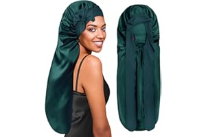 ‎BONNET QUEEN BONNET QUEEN Lange Satin Zopfhaube, Seidenhaube zum Schlafen Lange Haare mit Verstellbare Bindeband, Schlafhaube Seide für Locken & Zöpfe, Schlafmütze Damen, Dunkelgrün