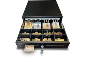 GEON Tiroir Caisse Enregistreuse à Monnaie et Billets 41x41 - Ouverture Automatique RJ11 et Manuelle avec Clés - 4 Compartiments de Billets et 8 de Pièces - Restaurant Supermarché Petits Commerces - Noir