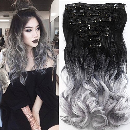 Neverland Two Tone 7pcs Ombre Curly Hair Extensions Hairpiece Heat Resistant Black to Sliver Grey