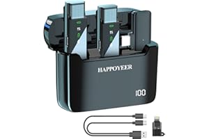 HAPPOYEER Wireless Lavalier Mikrofon, Prox LED Bildschirmanzeige und Ladebox für iPhone/iPad/Type-C Android 2,4GHz Auto Sync,Mini Clip On Lapel Mikrofon für Vlogging Interviews Live Streaming