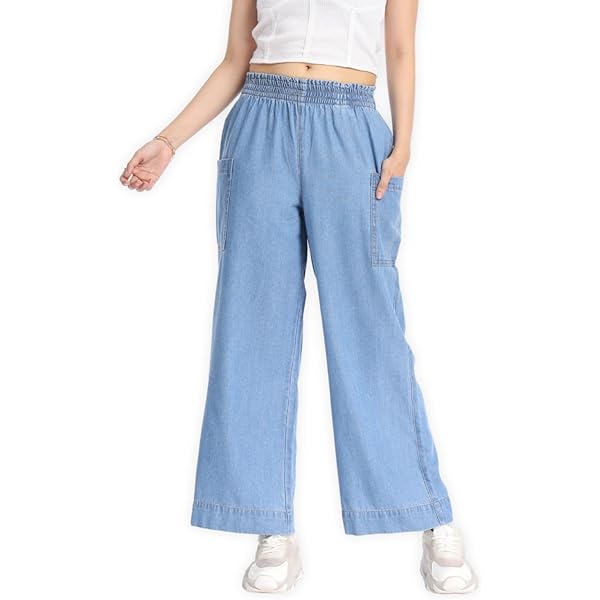 Buy Slim Women Pure Denim Wide Leg Jeans with Draw Strings
