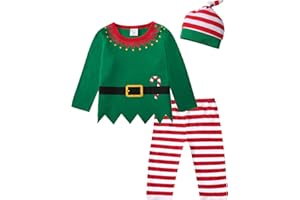 MOMBEBE COSLAND Baby Christmas Elf Outfits Abbigliamento Set Tops + Pantaloni + Cappello, 0 Mese-3 Anni