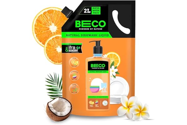 Beco Natural Dishwasher Liquid Refill 2L Pack Anti-Bacterial Formula Orange Citrus Freshness Ecofriendly Dish Washing Liquid Gel Tough Grease Removal Leaves No Residue on Utensils