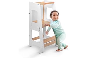 kidoola Montessori Toddler Learning Tower & Desk - Safe, Creative & Versatile Wooden Furniture for Kids, Easy to Build with Safety Bars, Adjustable Height, Blackboard & Whiteboard - up to 12 Years