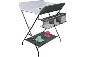 XDAILUYYDS Table à Langer Pliable et Portable avec Sac de Rangement et Couche Inférieure, Tables à Couches Mobile pour Bébé avec Ceinture de Sécurité, Réglable en Hauteur (79 * 55.5 * 96cm/blanc cassé)