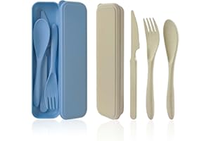CUAYAES 2 Set Posate da Viaggio con Custodia Portatile, Posate Plastica Riutilizzabili,Coltello, Forchetta, Cucchiaio Set di Posate per Campeggio, Scuola, Pranzo Ufficio (Blu+Beige)
