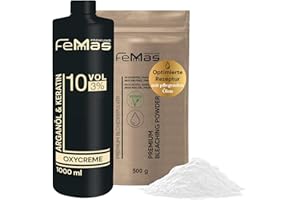 ‎FEMMAS FemMas Blondierungspulver Set 500g vegan & Entwickler 3 Prozent 1L I ultra stark & staubfrei I mit nährstoffreichen Ölen I Hair Bleach Kit für zuhause in Salonqualität I Blondierung von 7-9 Tonstufen