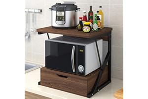 Redd Royal 2-Tier Countertop Microwave Oven Shelf Stand with Drawers, Kitchen Baker's Rack Spices Storage Organizer Shelving Unit Freestanding Wood Top Metal Frame