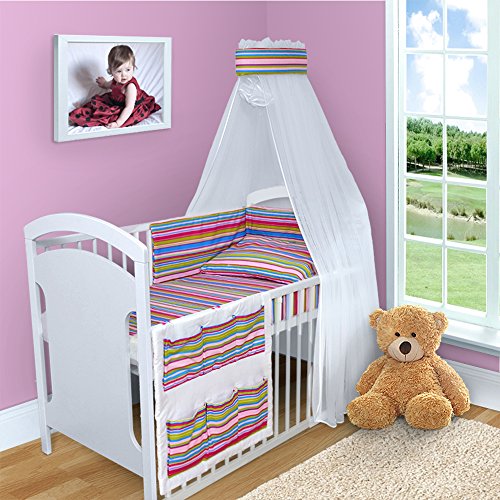 5 PCS 120x60 140x70 cm BABY BEDDING SET QUILT DUVET COVER PILLOW CASE BUMPER FOR COT STRAIGHT (To fit cot 120x60 cm, Magenta Stripes)