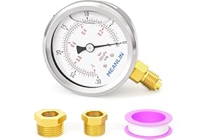 MEANLIN MEASURE -30inHg-0Psi/-1~0Bar Glycerin Filled Vacuum Pressure Gauge, Stainless Steel 1/4" BSP 2.5" FACE DIAL Lower Mount, with 1/4" x 1/2" BSP and 1/4" x 3/8" BSP Hex Bushing