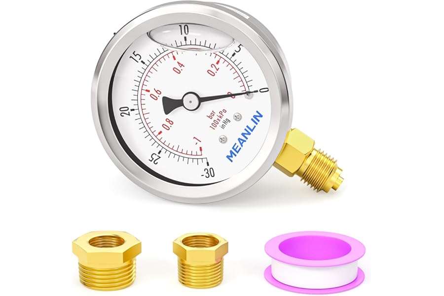 MEANLIN MEASURE -30~0Psi Glycerin Filled Vacuum Pressure Gauge, Stainless Steel 1/4" BSP 2.5" FACE DIAL Lower Mount, with 1/2" and 3/8" BSP Hex Bushing