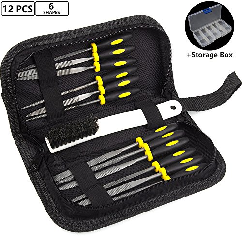 ADVcerWood Rasp File Kit - 12 Assorted Small Metal Needle Files Set with Bristle Brush and Hand Strap Carrying Case (Rasps included 2 Sizes of Flat, Pointed Flat, Round, Half Round, Square, Triangle)