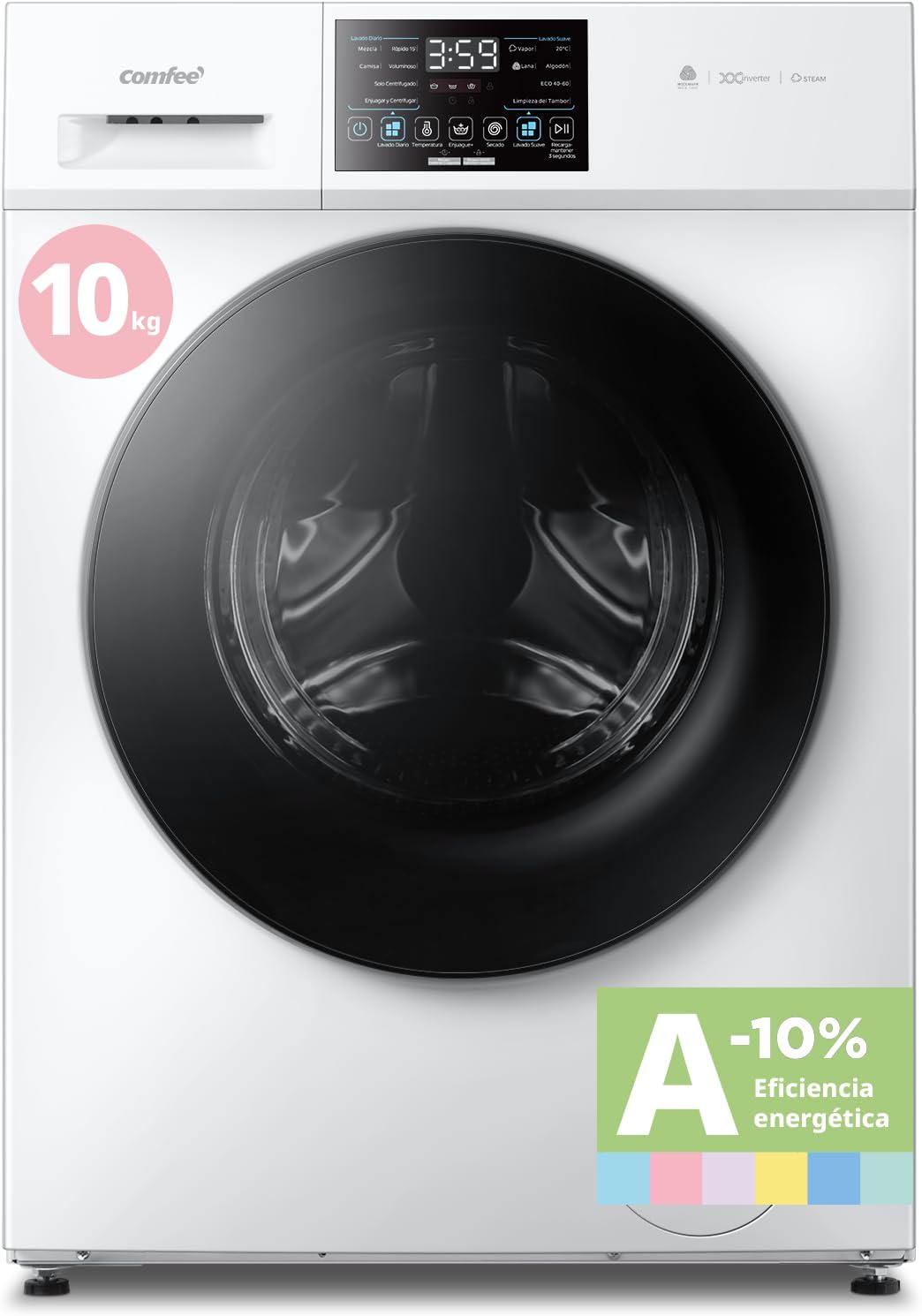 COMFEE' CFP03EW100W-HL Lavadora 10 kg de carga, Clase A -10%, Cuidado con vapor, Motor BLDC, Aprobada por Woolmark, Panel táctil, blanco