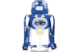 Fajiabao Trinkflasche Kinder mit Strohhalm Auslaufsicher - 600ml, Trinkflasche Kohlensäure Wasserflasche mit 1-Klick Verschluss - BPA frei Kinderflasche für Kindergarten und Schule- Blau