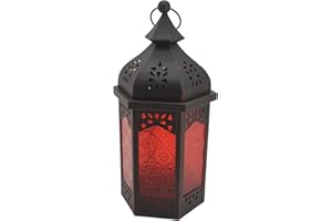 Rebecca Mobili Lanterna Etnica, Portacandela Decorativa, Rosso Nero, Metallo Vetro, Arredo Soggiorno Balcone - Misure: 32 x 16 x 14 (HxLxP) - Art. RE6557