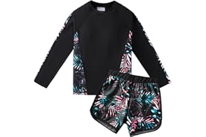 KID1234 Girls Swimsuits Rash Guard Two Pieces Long Sleeve Sun Protection Swimwear UPF50+ Summer Quick Dry Beach Wear 7-14 Years Black